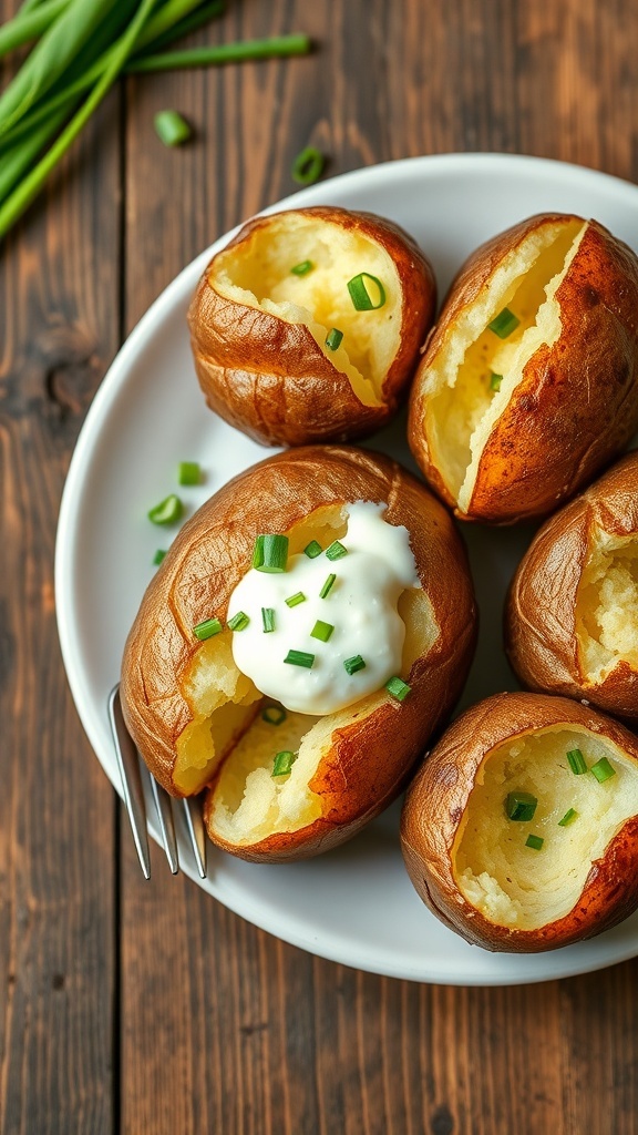 Air Fryer Baked Potatoes Recipe Baked potatoes with crispy skin topped with butter and chives on a wooden table.